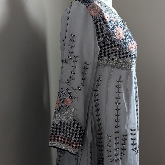 Indian Kurta Floral Embroidered Gray Top Lehenga Pakistani South Asian - Picture 7 of 14